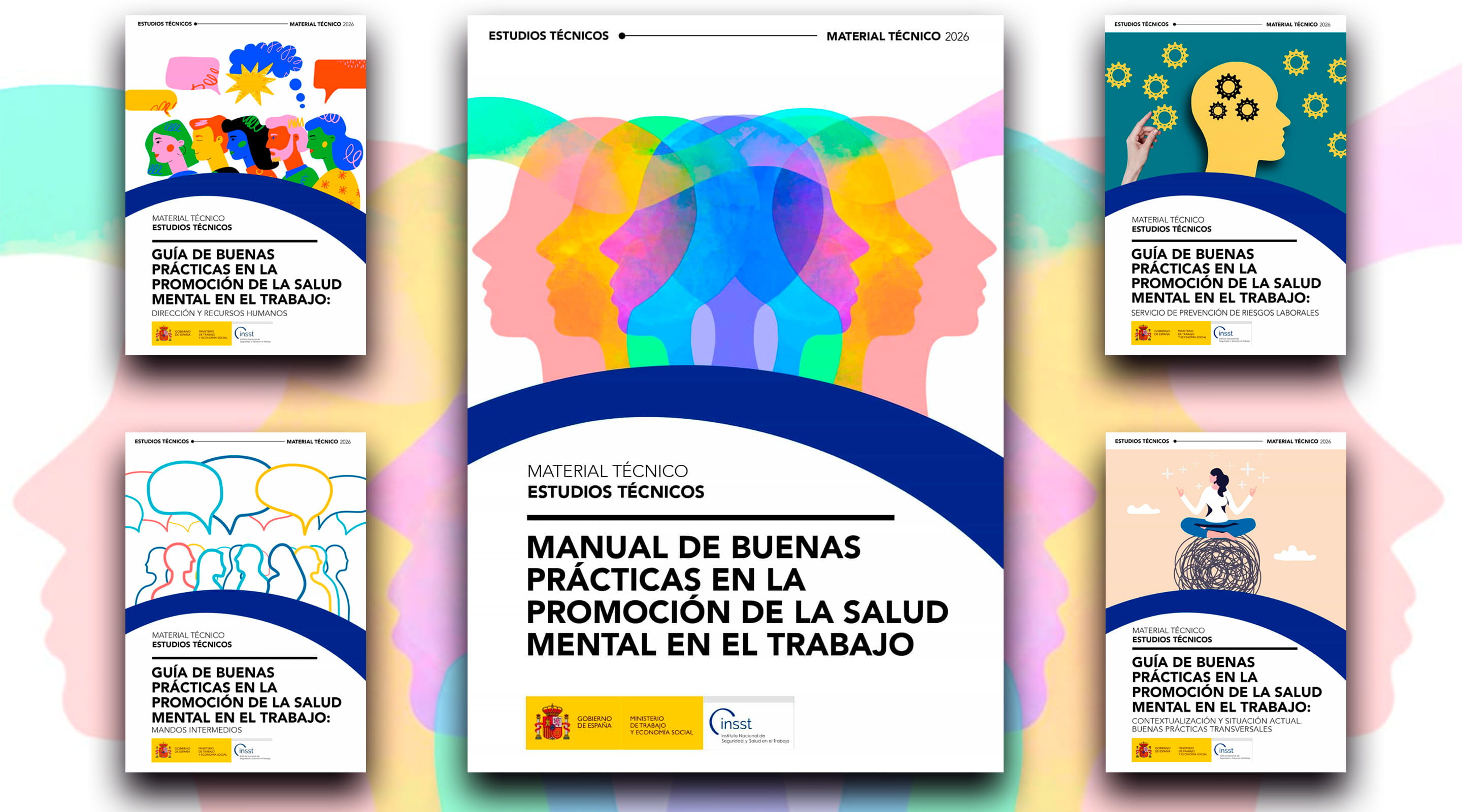Portadas de los documentos que componen el Manual de buenas prácticas en la promoción de la salud mental en el trabajo.