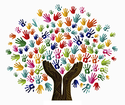 Dibujo de un árbol, cuyas ramas y tronco son manos, que representa el lenguaje inclusivo