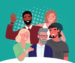 Dibujo con personas de varias edades en un ambiente entretenido