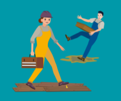 imagen con una trabajadora que va a clavarse un clavo en un pie y un trabajador que se resbala y se cae