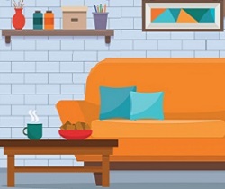 Salón con un trozo de sofá, estantería, cuadro y mesita