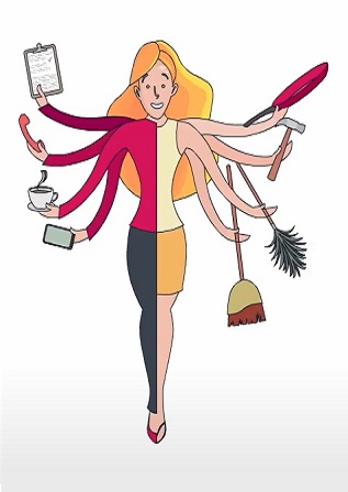 mujer realizando muchas actividades laborales con el brazo izquierdo y domesticas con el derecho, de manera simbólica