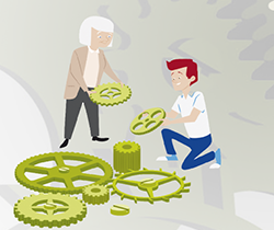 Dos trabajadores de distinta edad construyendo un engranaje