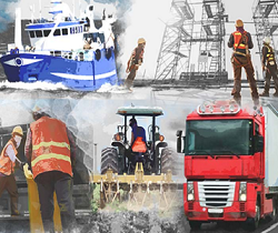 Imagen de un camión, maquinaria de agricultura, trabajadores y un barco