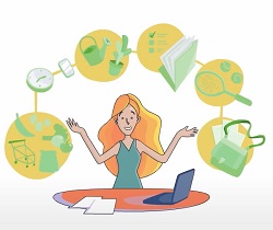 Mujer con objetos rodeándola que representan sus actividades diarias