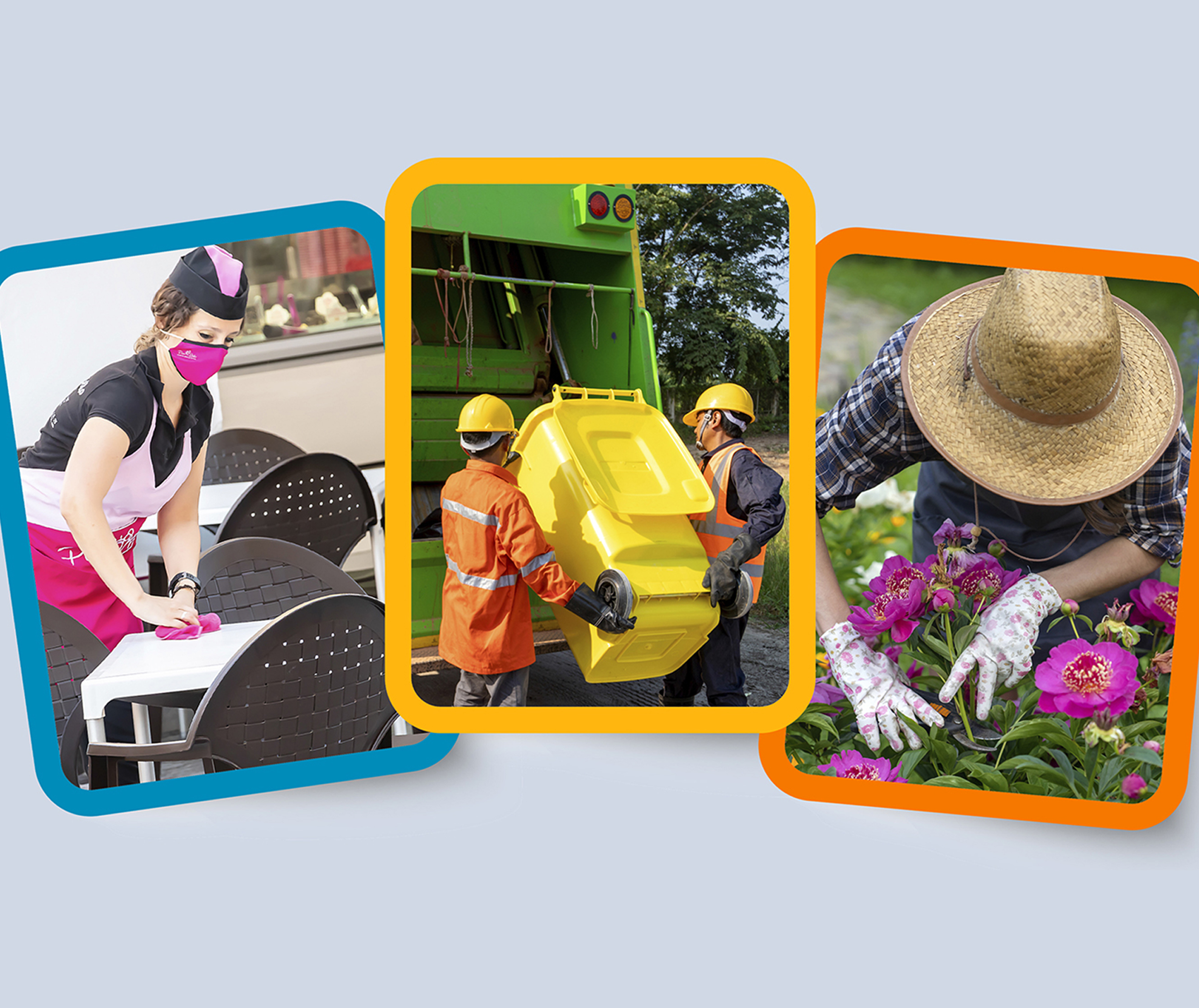 Imágenes de puestos de trabajo de hostelería, limpieza urbana y jardinería