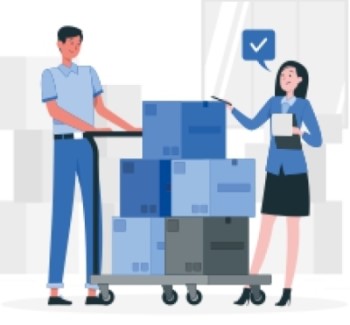 Dibujo de dos personas trabajando en un almacén