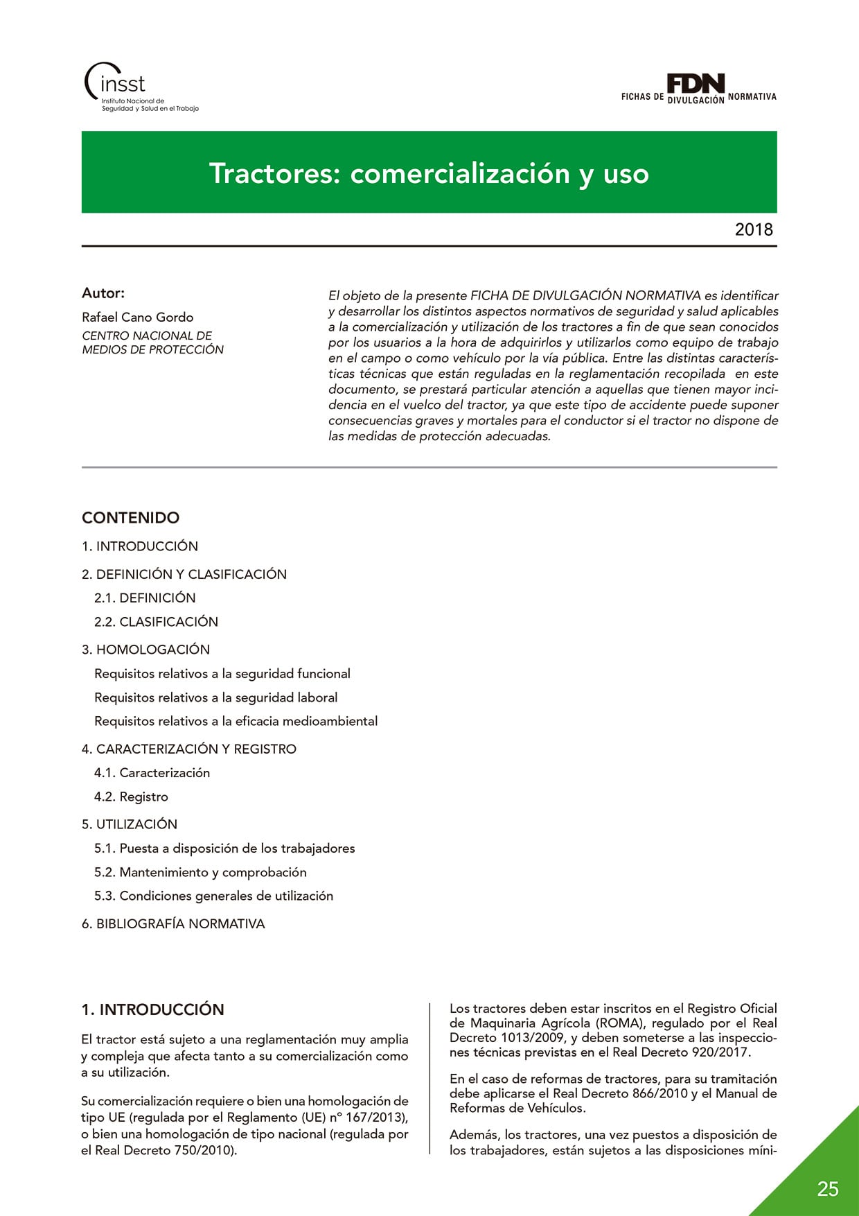 Portada de la Ficha de Divulgación Normativa nº 25: Tractores: comercialización y uso.
