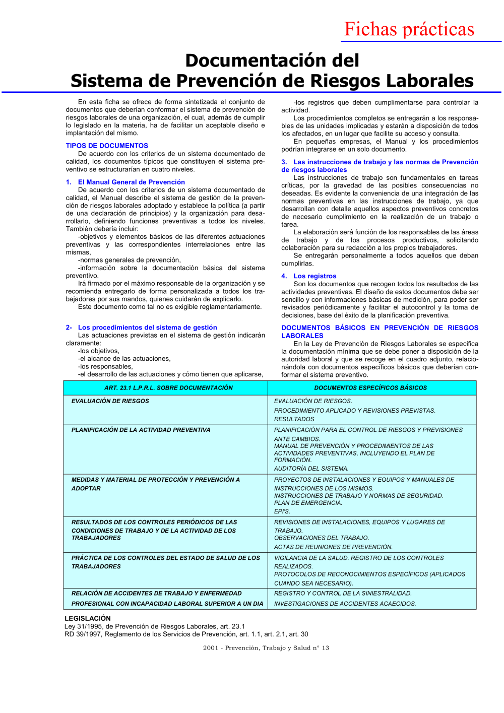 FP Revista SST 13. Documentación del Sistema de Prevención de Riesgos Laborales - Año 2001