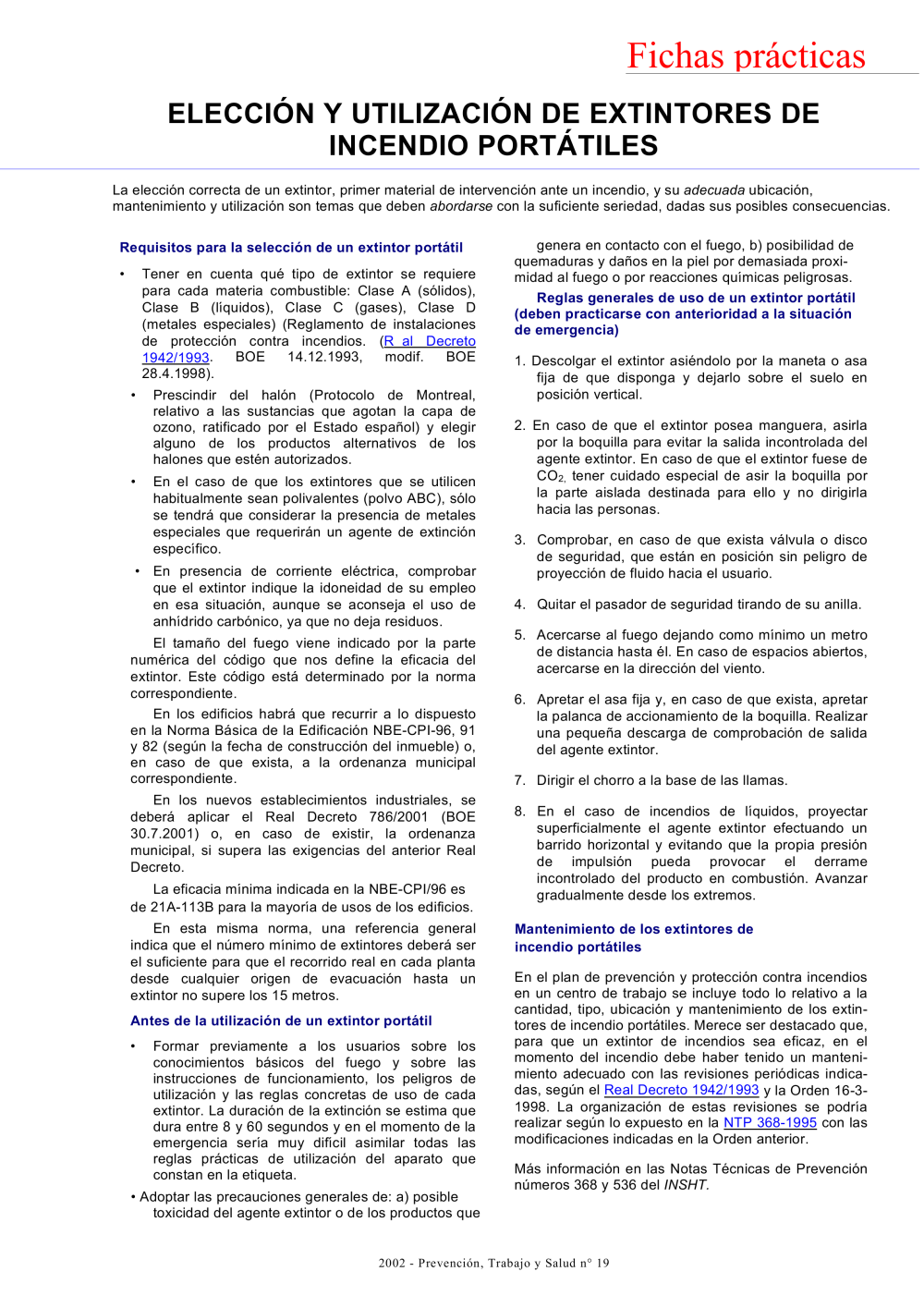 FP Revista SST 19. Elección y utilización de extintores de incendio portátiles- Año 2002