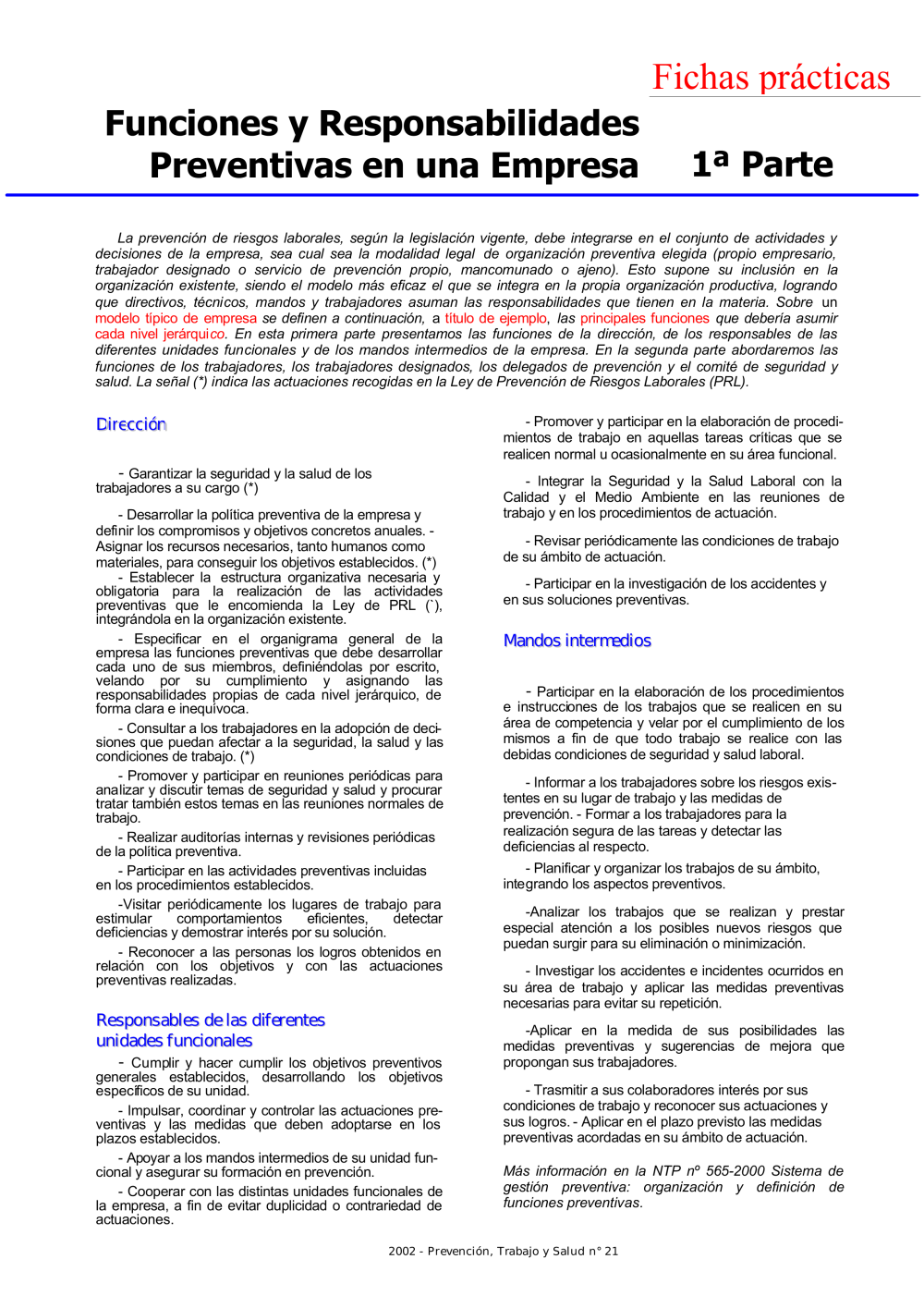 FP Revista SST 21. Funciones y Responsabilidades Preventivas en una Empresa. 1ª parte - Año 2002