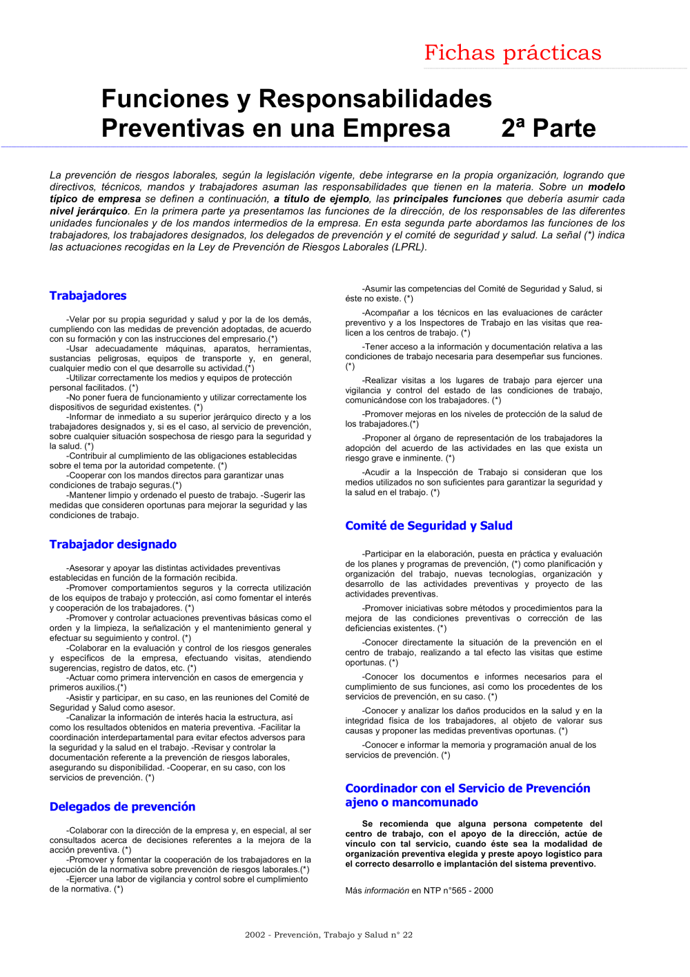 FP Revista SST 22. Funciones y Responsabilidades Preventivas en una Empresa. 2ª parte - Año 2002