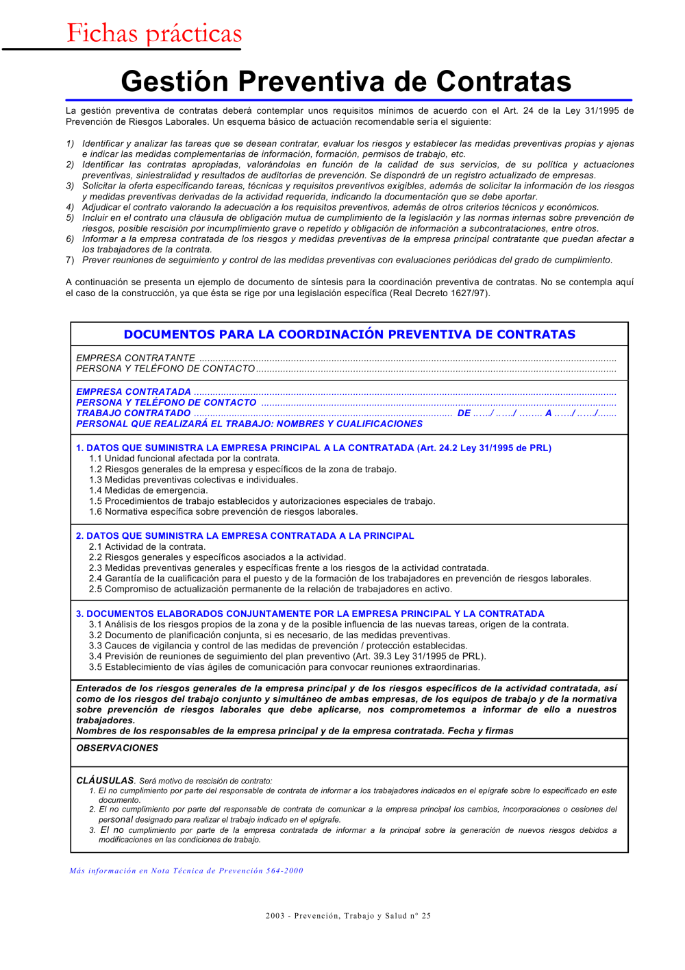 FP Revista SST 25. Gestión preventiva de contratas - Año 2003