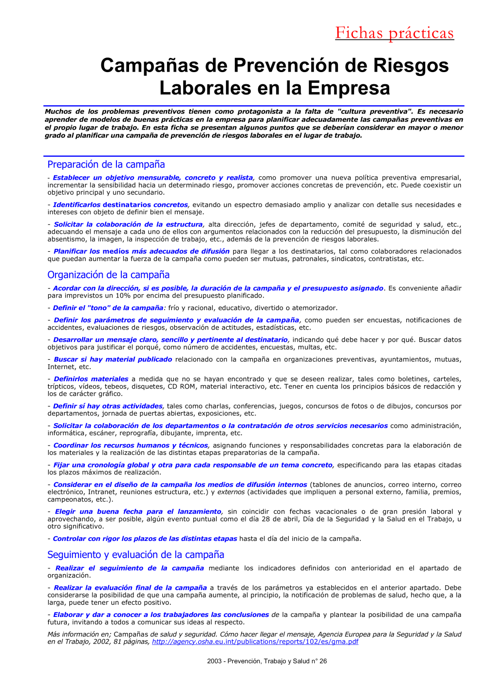 FP Revista SST 26. Campañas de prevención de riesgos laborales en la empresa- Año 2003