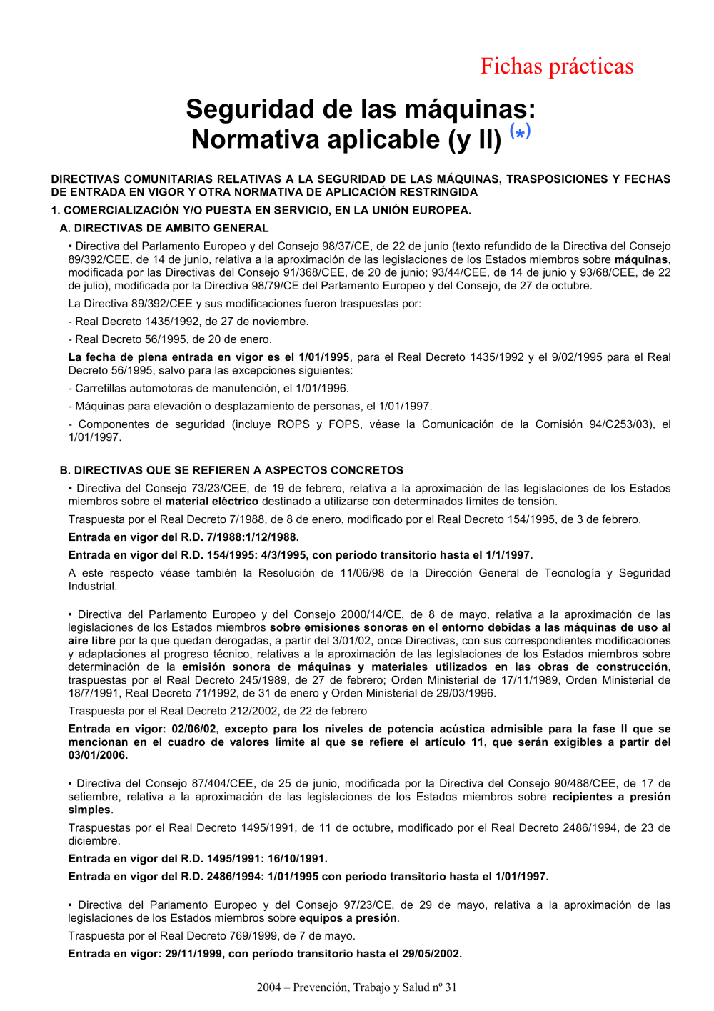 FP Revista SST 31. Seguridad de las máquinas Normativa aplicable (II) - Año 2004