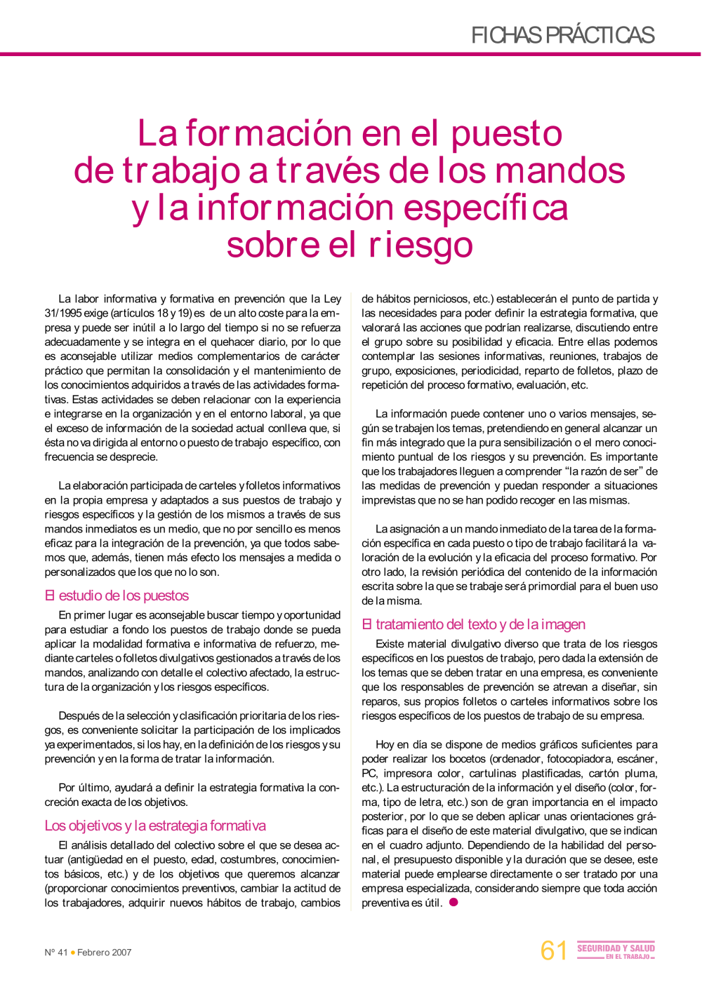 FP Revista SST 41. La formación en el puesto de trabajo a través de los mandos   - Año 2007