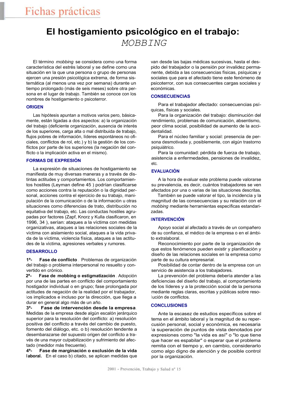 FP revista SST 15 El hostigamiento psicológico en el trabajo MOBBING - Año 2001