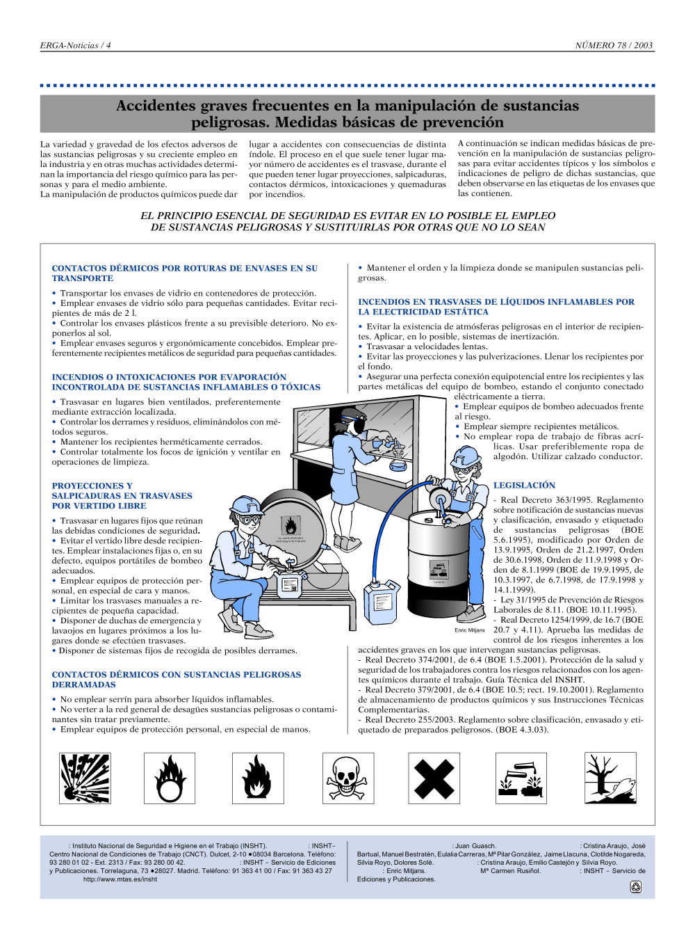 NP Erga-Noticias 78. Accidentes graves frecuentes en la manipulación de sustancias peligrosas. Medidas básicas de prevención - Año 2003