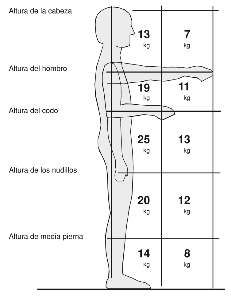 Peso teórico recomendado en función de la zona de manipulación