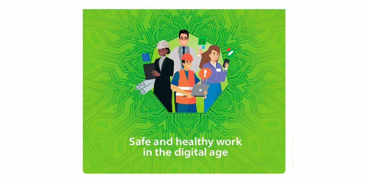 Dibujo que representa la campaña europea de trabajos saludables