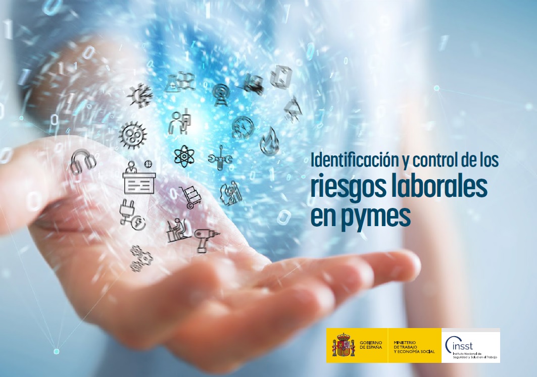 Imagen de una mano abierta con distintos símbolos sobre pymes y el nombre del documento: Identificación y control de riesgos laborales en pymes