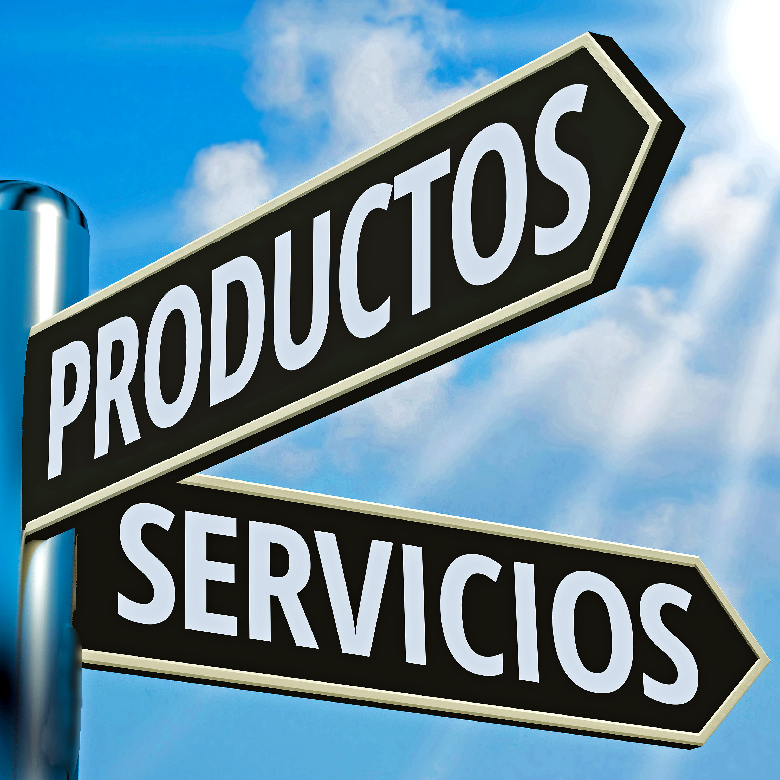 Carteles de indicadores de dirección con las palabras productos y servicios