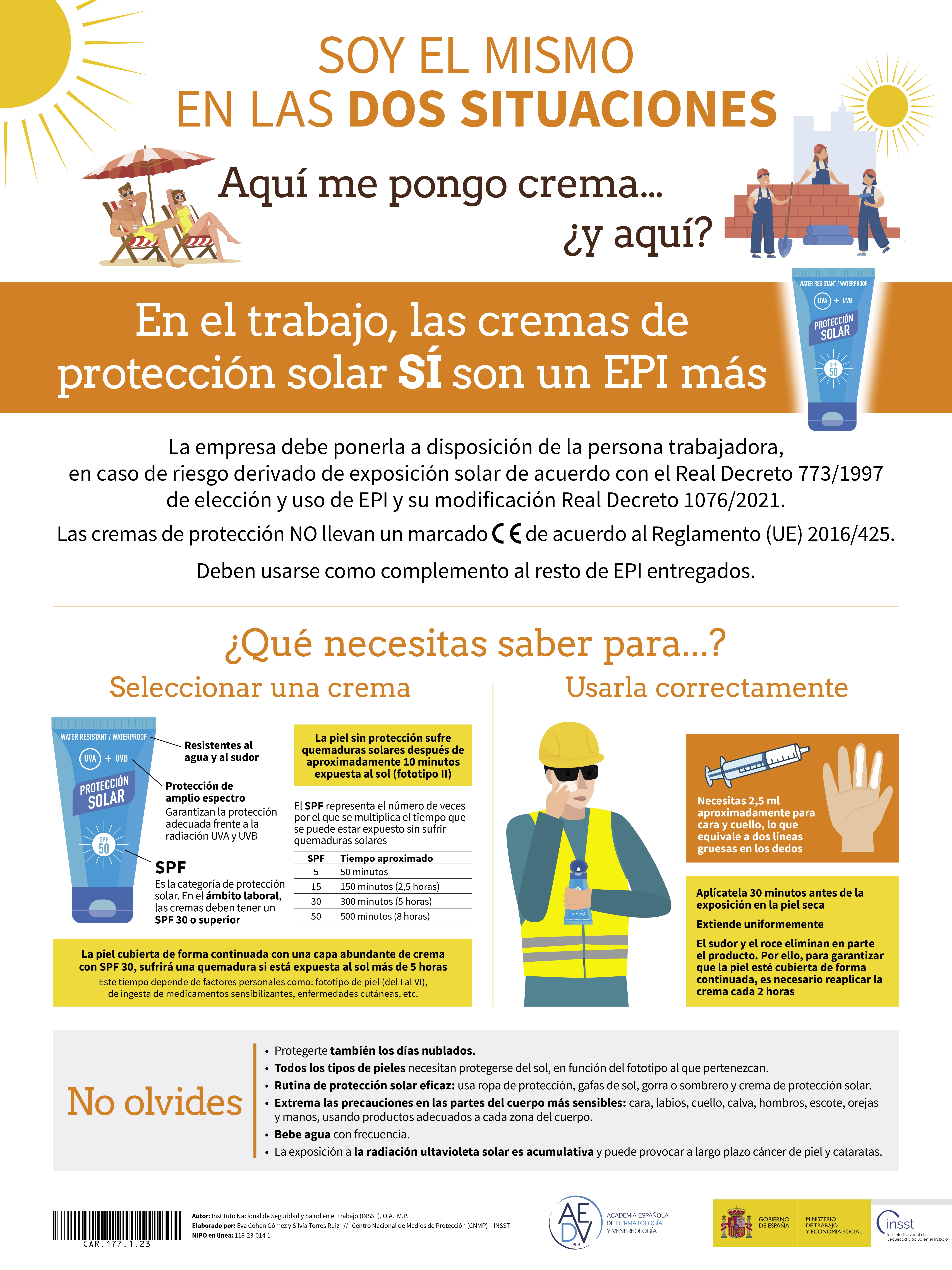 Cartel: Trabajos en el exterior. Selección y uso de cremas de protección solar - Año 2023