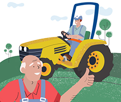 Imagen de dos agricultores en el campo, uno de ellos conduciendo un tractor y el otro con el pulgar hacia arriba