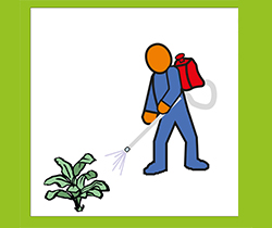 Dibujo de un trabajador fumigando plantas, con ropa de protección a productos fitosanitarios