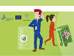 Dibujo de dos trabajadores, una portando una carretilla con un bidón lleno de mercancías peligrosas y otro levantando el pulgar de la mano con otro bidón a su lado