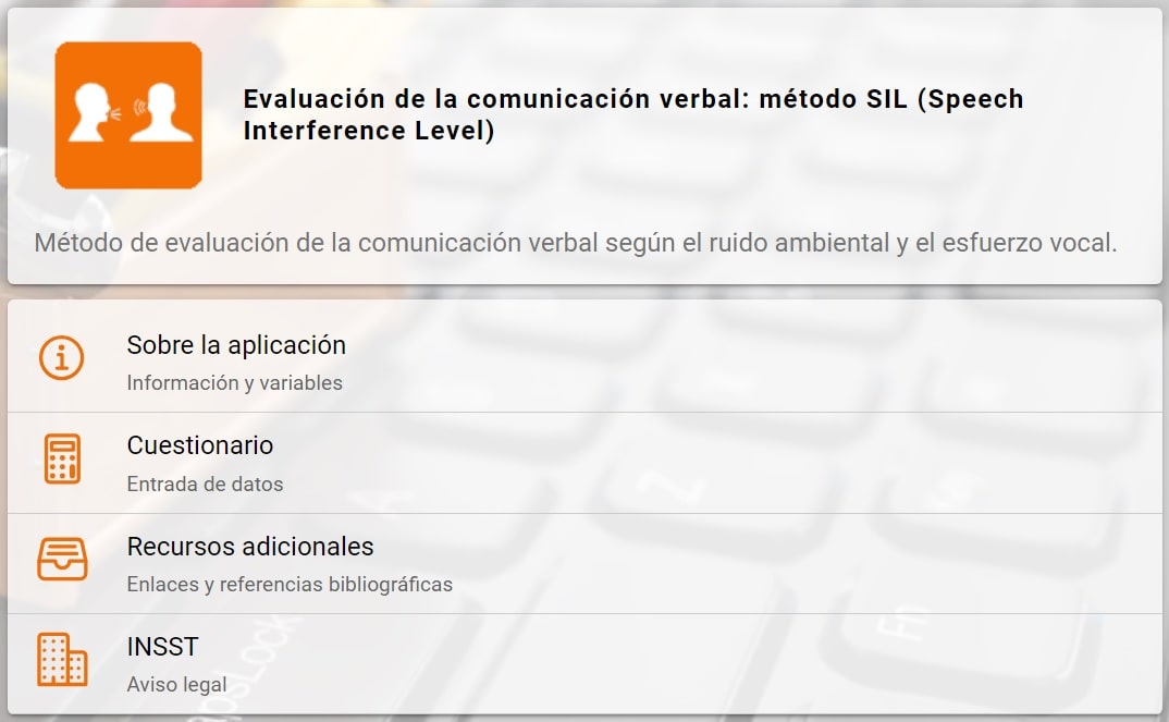 Captura de la pantalla de inicio de la herramienta PRL Evaluación de la comunicación verbal: método SIL (Speech Interference Level)
