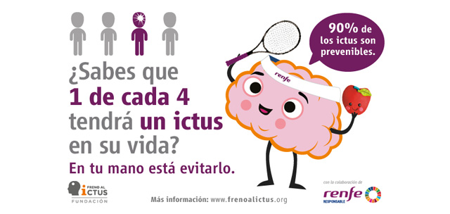 A la izquierda, imagen de un muñeco con forma de cerebro que lleva en una mano una raqueta y en la otra una pieza de fruta. A la derecha, se puede leer: ¿Sabes que 1 de cada 4 tendrá un ictus en su vida? En tu mano está evitarlo