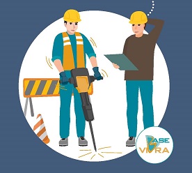 Dibujo de dos trabajadores de la construcción, con maquinaria vibradora