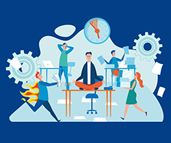 Imagen de un dibujo de unos personajes en una oficina, corriendo y haciendo actividades de manera muy estresada.