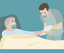 Dibujo de un enfermero y paciente en la cama, ambos con mascarilla