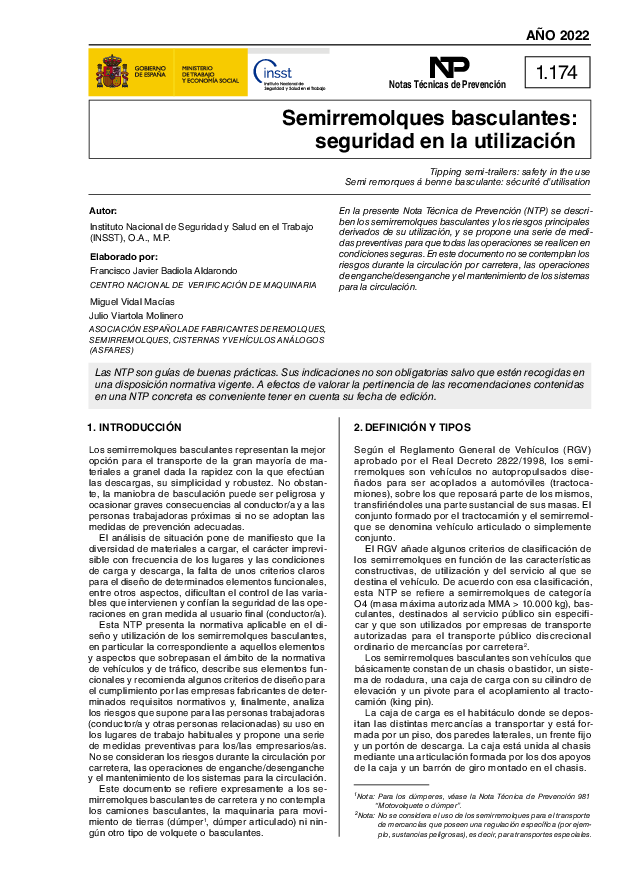 NTP 1174  Semirremolques basculantes seguridad en la utilización