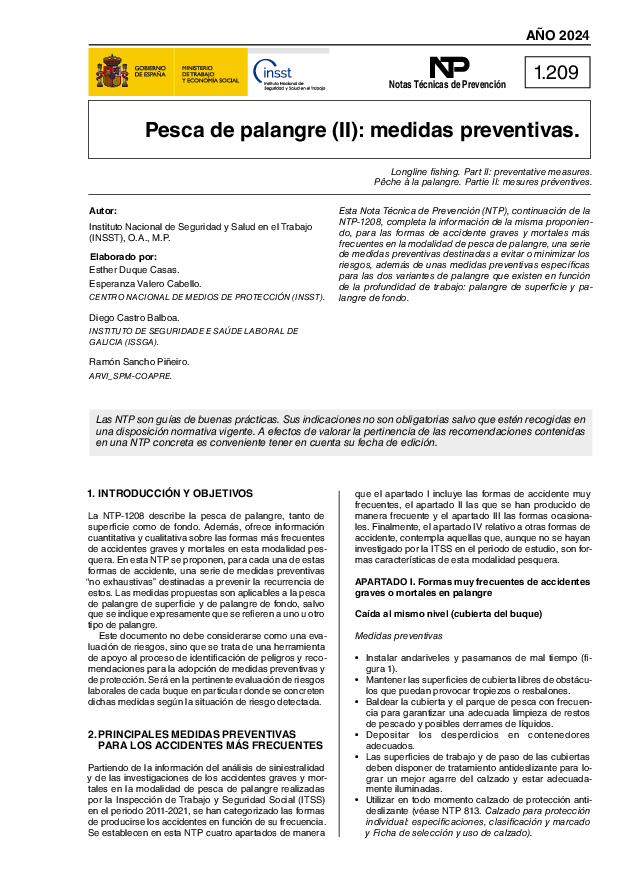 NTP 1209 Pesca de palangre (II) medidas preventivas - Año 2024