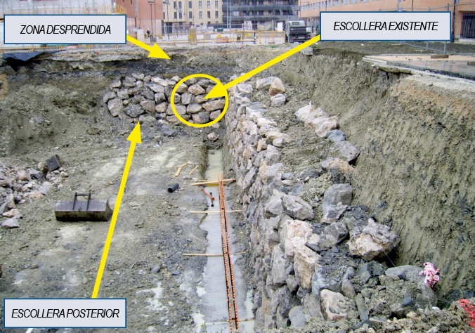 Zona desprendida de la escollera y existente y la posterior