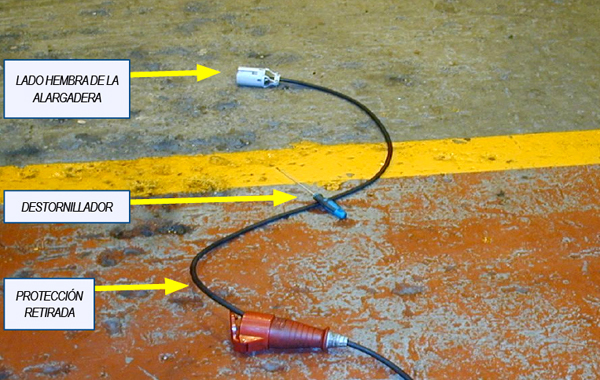 Lado hembra de la alargadera, destornillador y la protección retirada