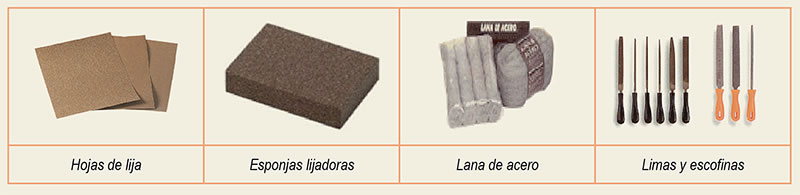 imágenes de: 1. hojas de lija, 2. esponjas lijadoras, 3. lana de acero y 4. limas y escofinas 