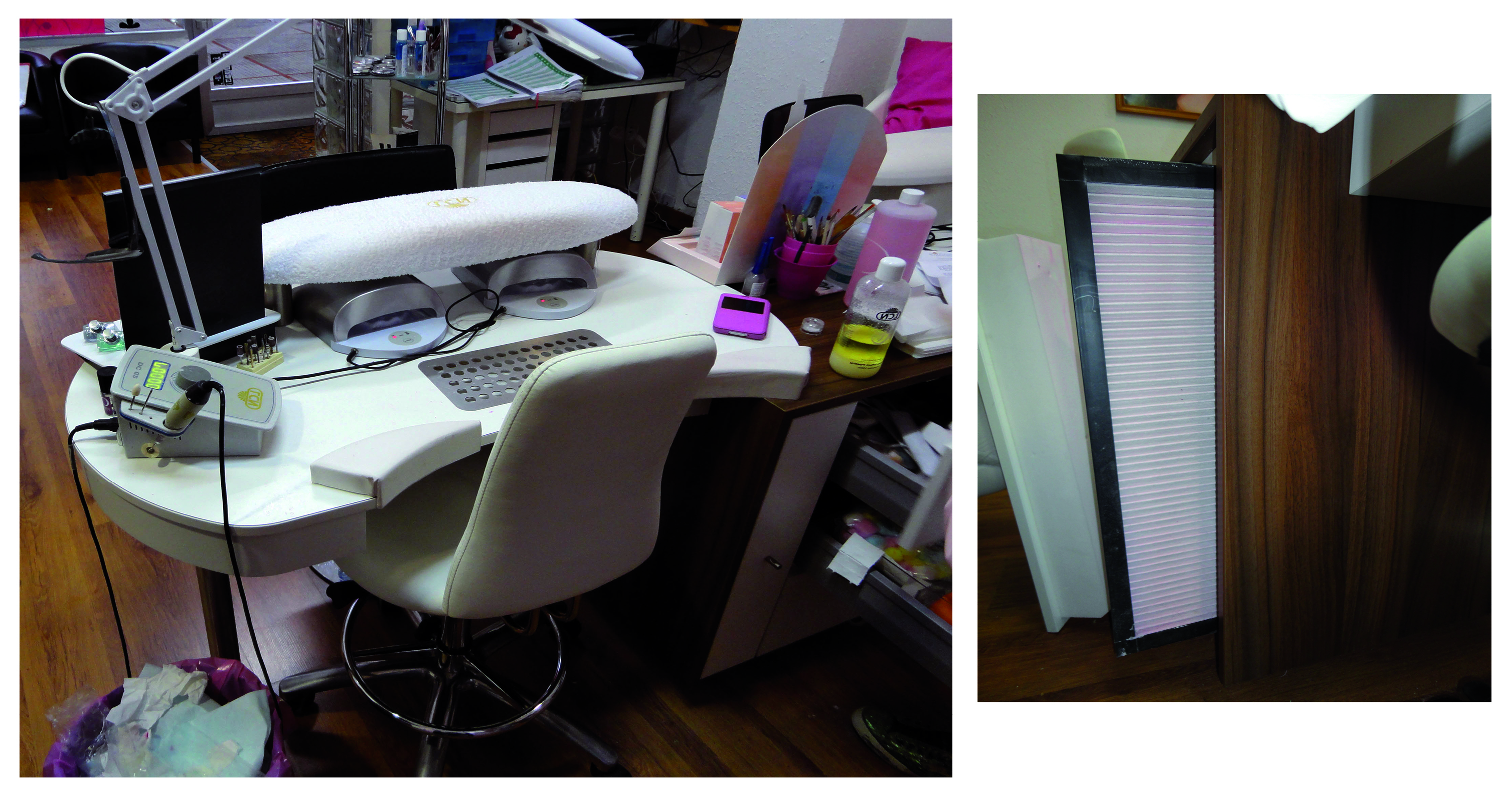 Mesa dotada de filtro para partículas y vapores y detalle de filtro.