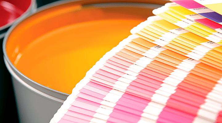 Botes de pintura y muestrario de colores.