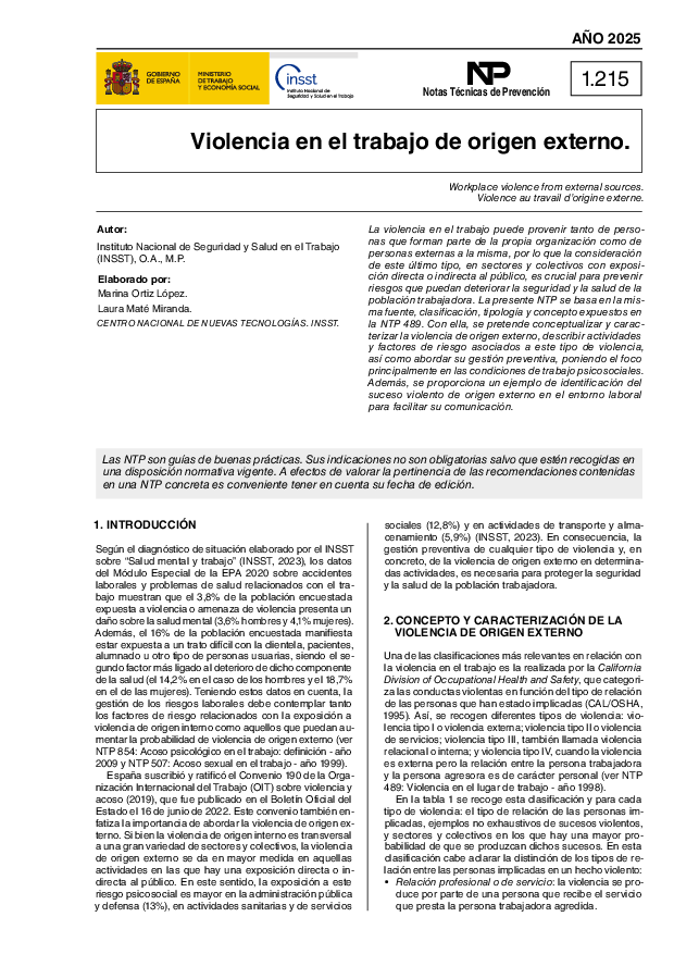 NTP 1215 Violencia en el trabajo de origen externo - Año 2025