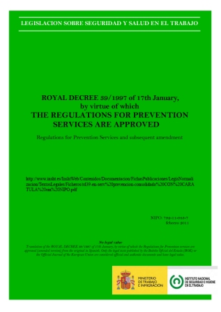 Royal decree 39/1997 of 17th January, by virtue of which the Regulations for Prevention services are approved