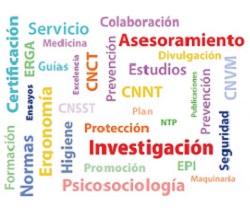 imagen de diferentes palabras relacionadas con la prevención de riesgos laborales en diferentes colores, tamaños y direcciones